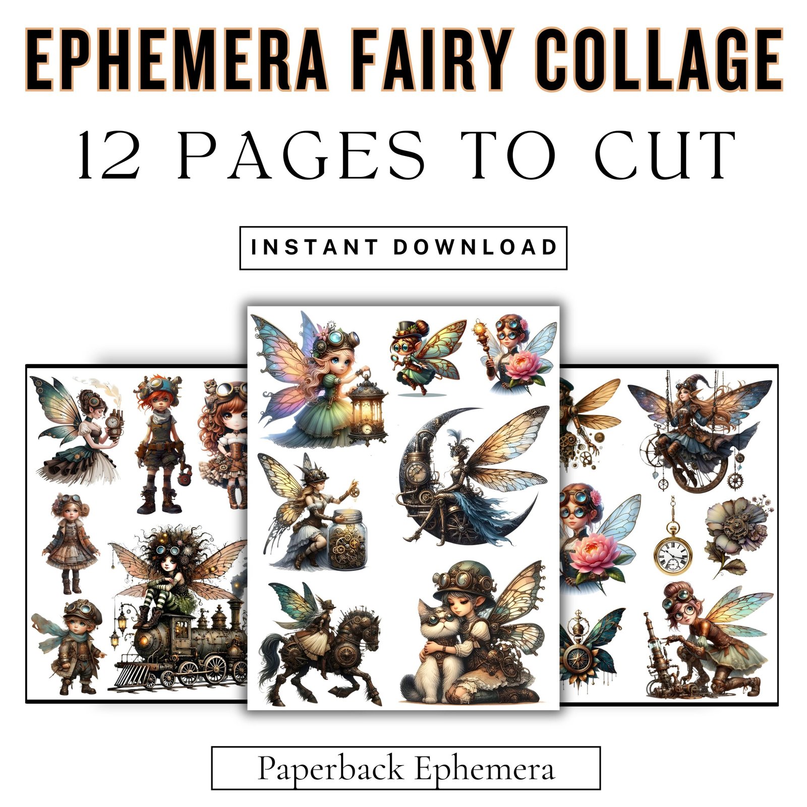 Steampunk Fairy Ephemera Collection – Vintage Fantasy Collage Kit (Digital Download, PDF)