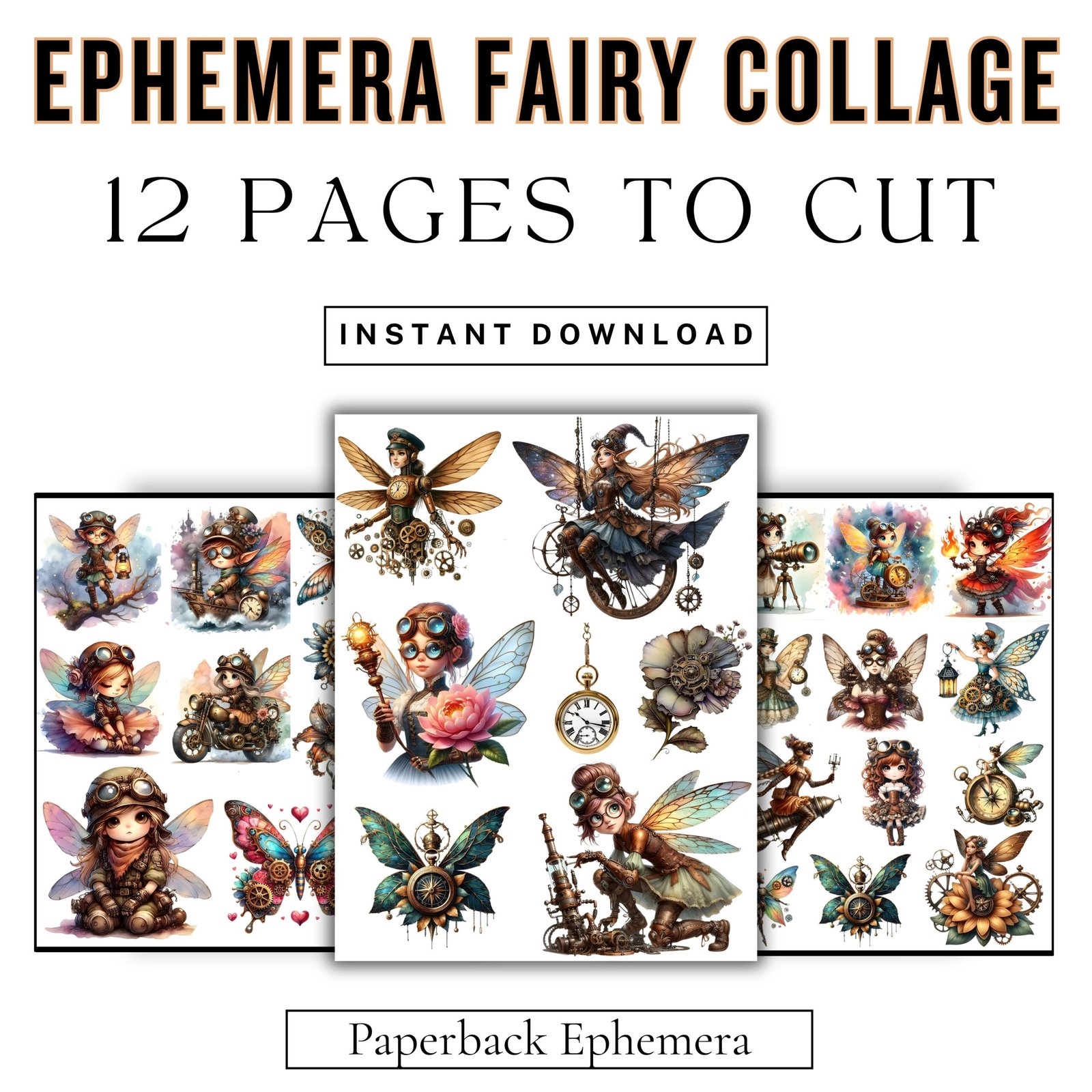 Steampunk Fairy Ephemera Collection – Vintage Fantasy Collage Kit (Digital Download, PDF)